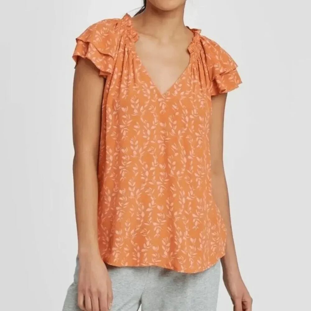 A New Day Orange Floral Flutter Short Sleeve Blouse V-Neck Size S